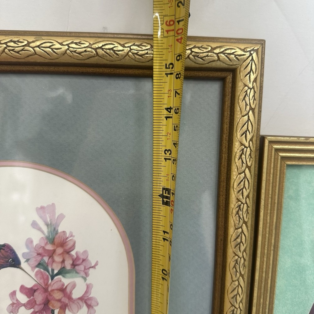 Lot Of 2 Framed Hummingbird & Pink Flowers Art Print Gold Frames Still‎ Life - Picture 9 of 16